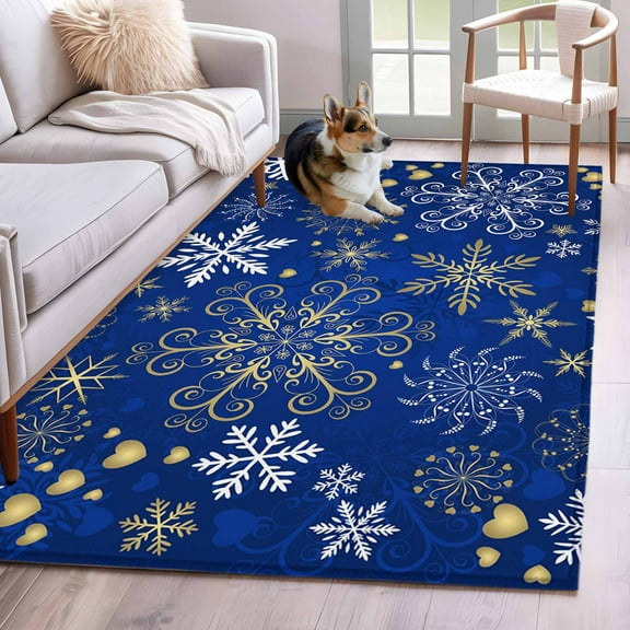 Christmas Blue Area Rug 3x5 Washable Rug Non Slip Xmas Winter Snowflakes New Year Holiday Large Area Rug Indoor Floor Carpet for Entryway Bedroom Kitchen Living Room Home Office Dining Room Nursery