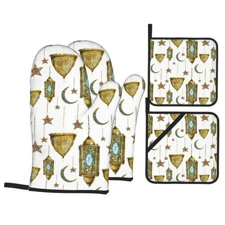 

Oven Mitts and Pot Holders 4 pcs Set Light Bulb vintage Heat Resistant Pot Holders Oven Mitts for kitchen Non-Slip Hanging Loop Oven Glove Potholders for Baking Cooking