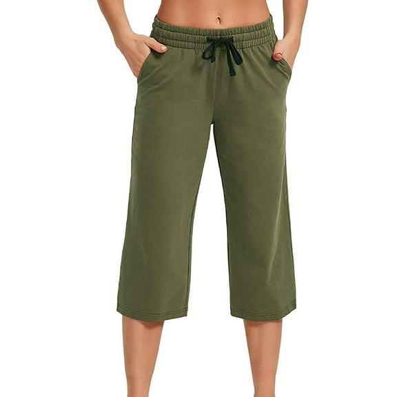Susanny Womens Athletic Cropped Gaucho Crop Pants with Pockets Low Waist Petite Capri Pants Loose Casual Summer Pull on Capris Army Green M