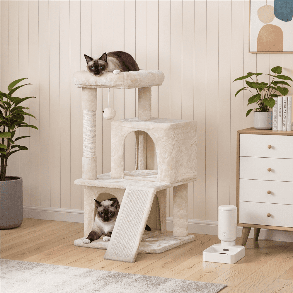Yaheetech 36'' H Cat Tree Tower with Double Condos Scratching Posts Sisal Rope Furry Ball, Beige
