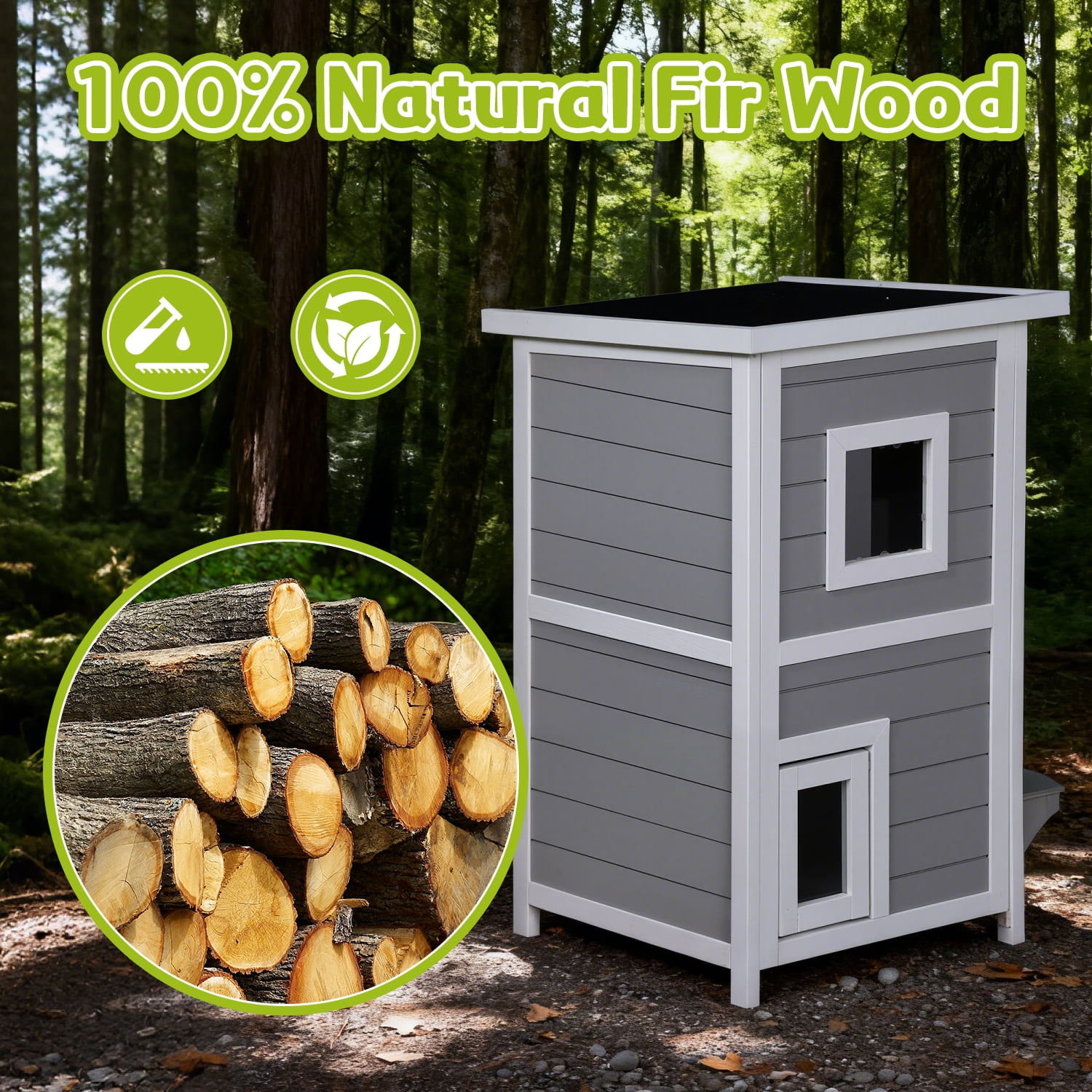 Outdoor Cat House 2-Story with Escape Door, Feral Cat Shelter Weatherproof for Outside, Openable Waterproof Roof, Large Window, 2 Platforms, Wooden Cat Enclosure for Pets 31.80" (Grey)