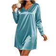 thumbnail image 4 of Guieoi Womens Dresses Long Sleeve Solid-Color Satin V-Neck Loungewear Nightgown Long Nightgown Midi Dress Blue XL, 4 of 8