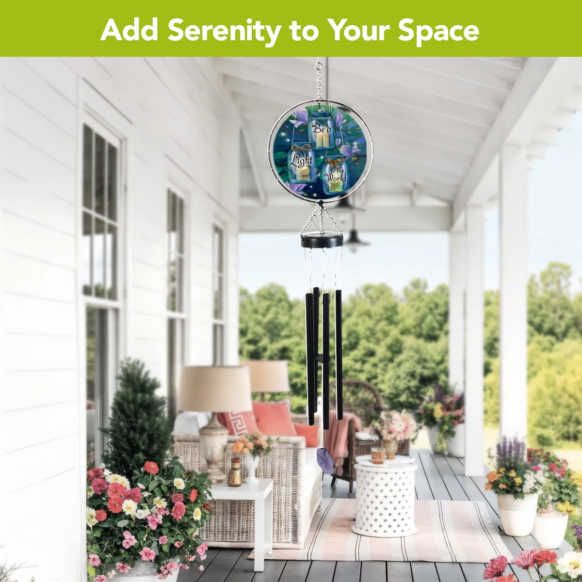 Briarwood Lane Spring LED Illuminated Solar Powered Glass Suncatcher  Wind Chime 37x8 Be a Light To the World For Spring Wind Chime For Outdoors Melodic Metal Windchimes Wind-Chimes