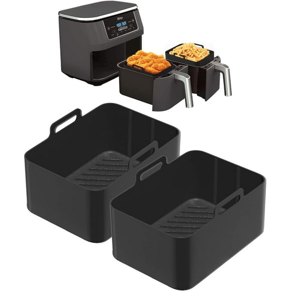HUGFEGWE 2PCS Air Fryer Silicone Pot - Food Safe Silicone Air Fryer Liner Pan for 8QT Ninja Foodi DZ201 DZ401, Reusable Silicone Air Fryer Baskets - Easy Cleaning (Black) CJB91-76221