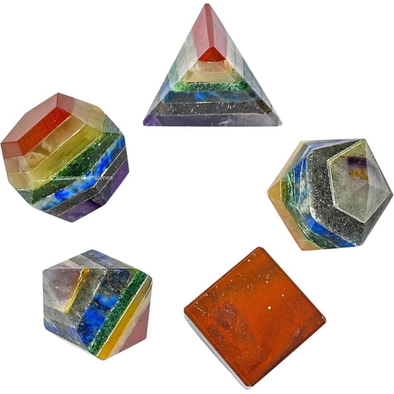 Chakra Platonic Solids Crystals - Set of 5 Sacred Geometry and Healing Stones 