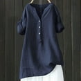 thumbnail image 2 of Huesdet Cotton Linen Shirts for Women Button Down Blouse Summer Solid Rolled 3/4 Sleeve V Neck Casual T-Shirt Plus Size Batwing Tops(Navy,4XL), 2 of 3