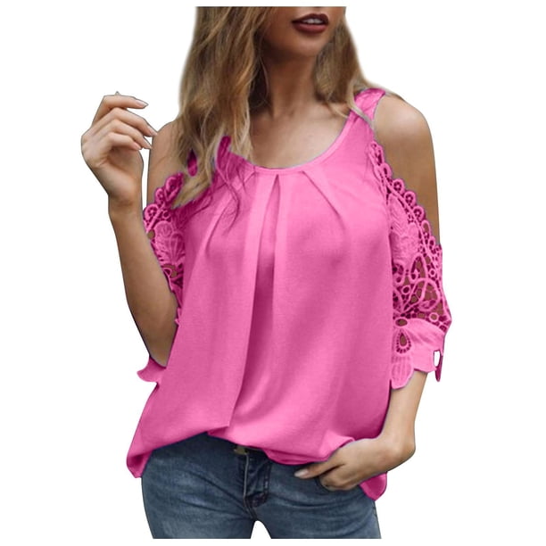 Blusa informal de manga corta con encaje liso y cuello redondo para mujer Pompotops hfajkhk125892
