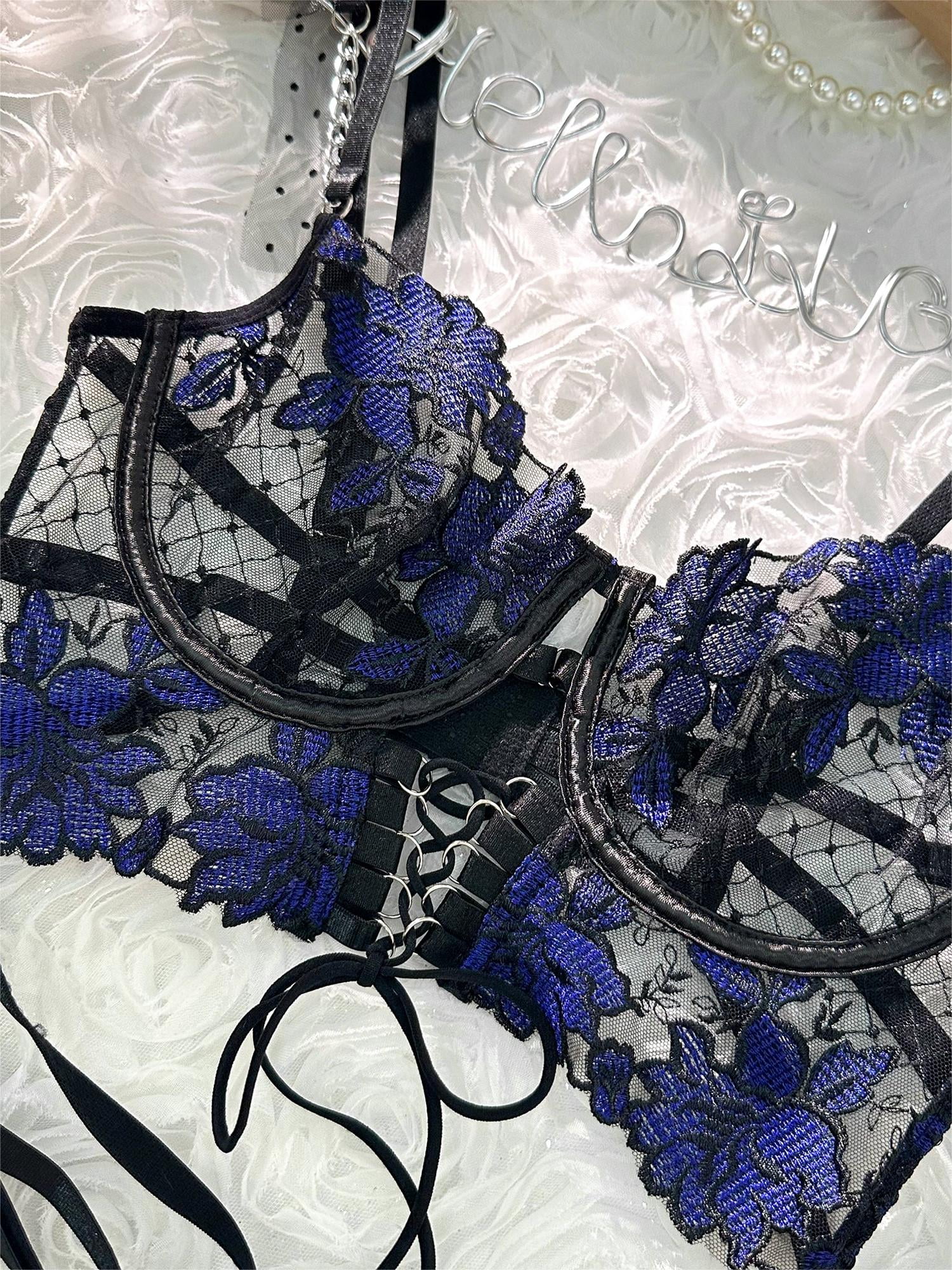 Black&Blue Lace Tie Adjustable Sculpting Body Lingerie Set (BLACK, S)