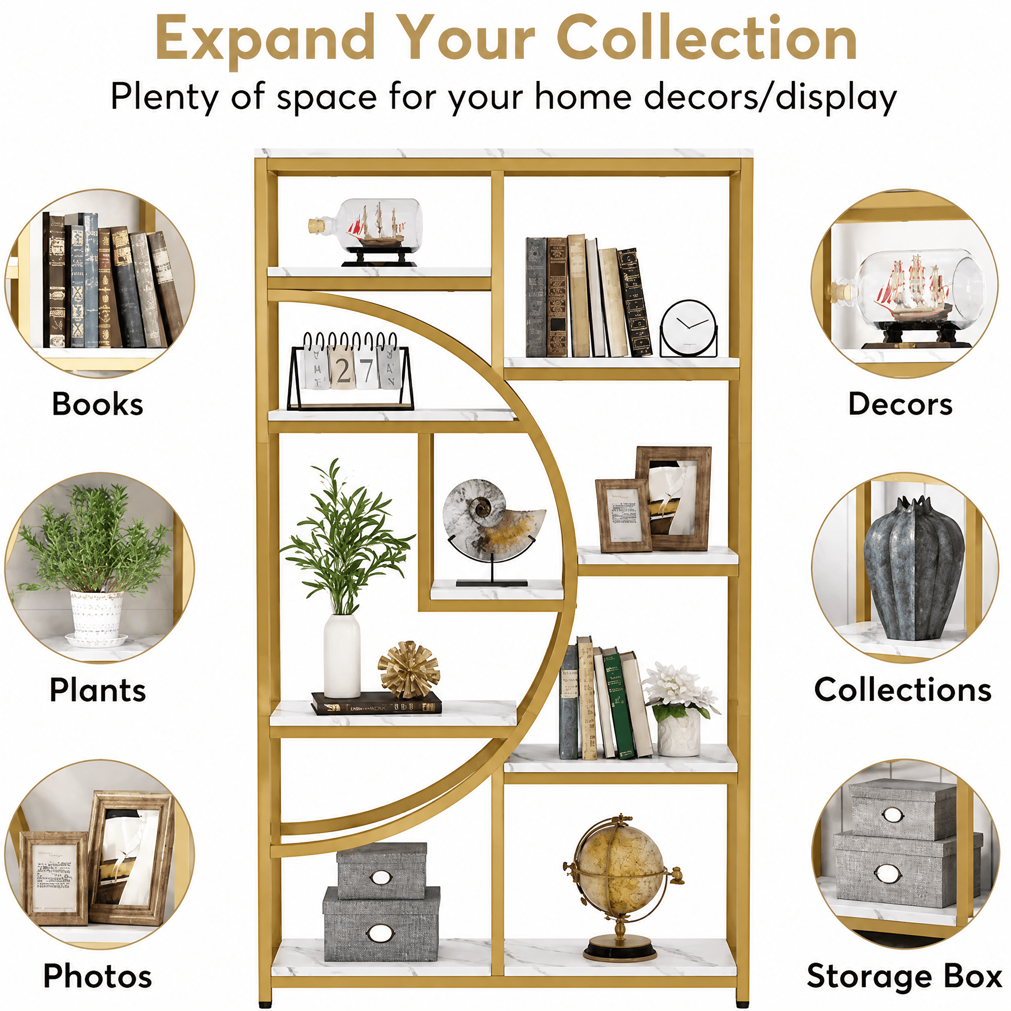 9-Tier Etagere Bookcase, Gold Metal Frame with White Marbling Boards, Half-Moon Silhouette, Industrial-Chic Design for Living Room/Home Office