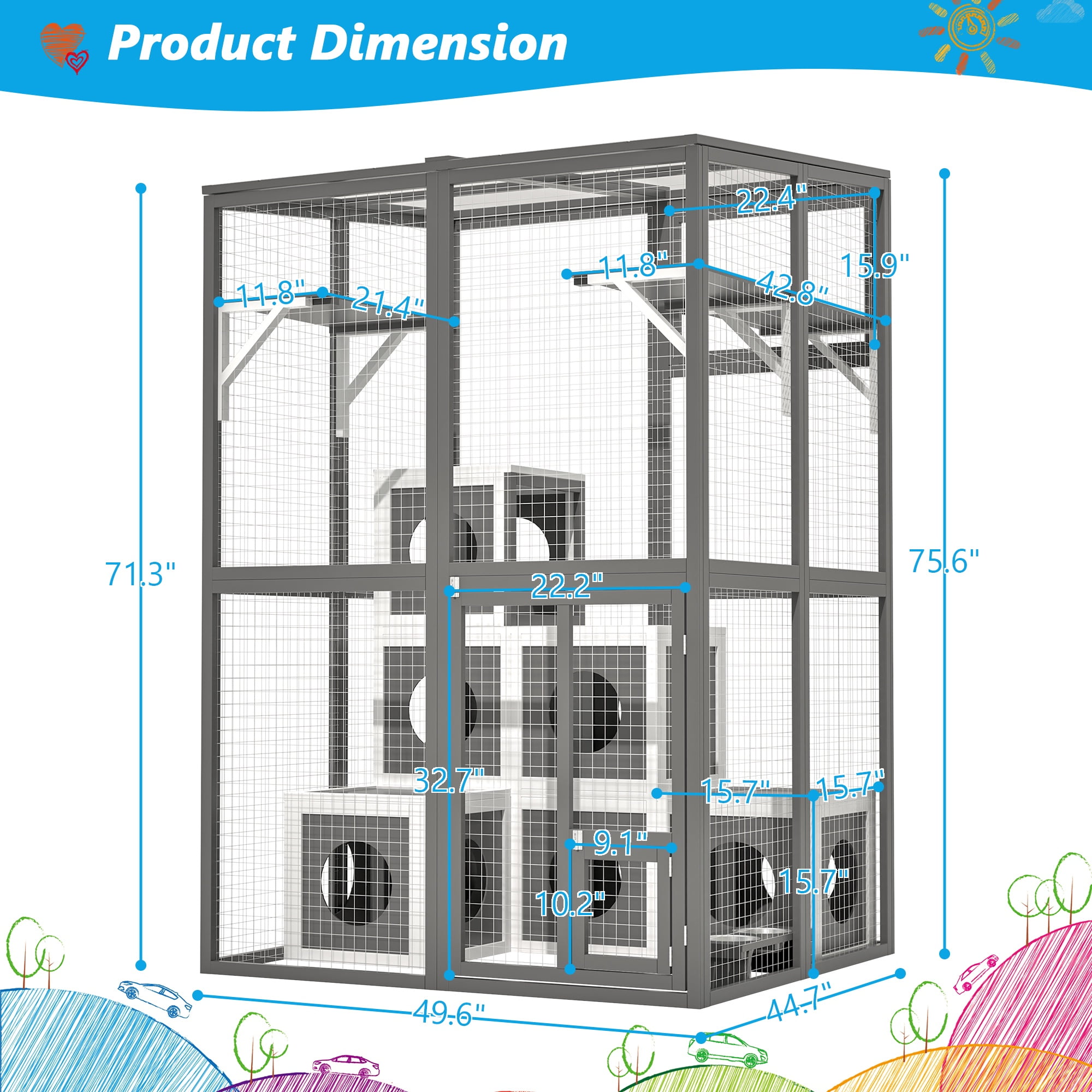 Seizeen Outdoor Catio Enclosure, 75''H Wooden Cat House w/Playpen for Kitty Indoor Use, Large Walk-in Cat Cage with  2 Jumping Platforms & 7 Napping Houses