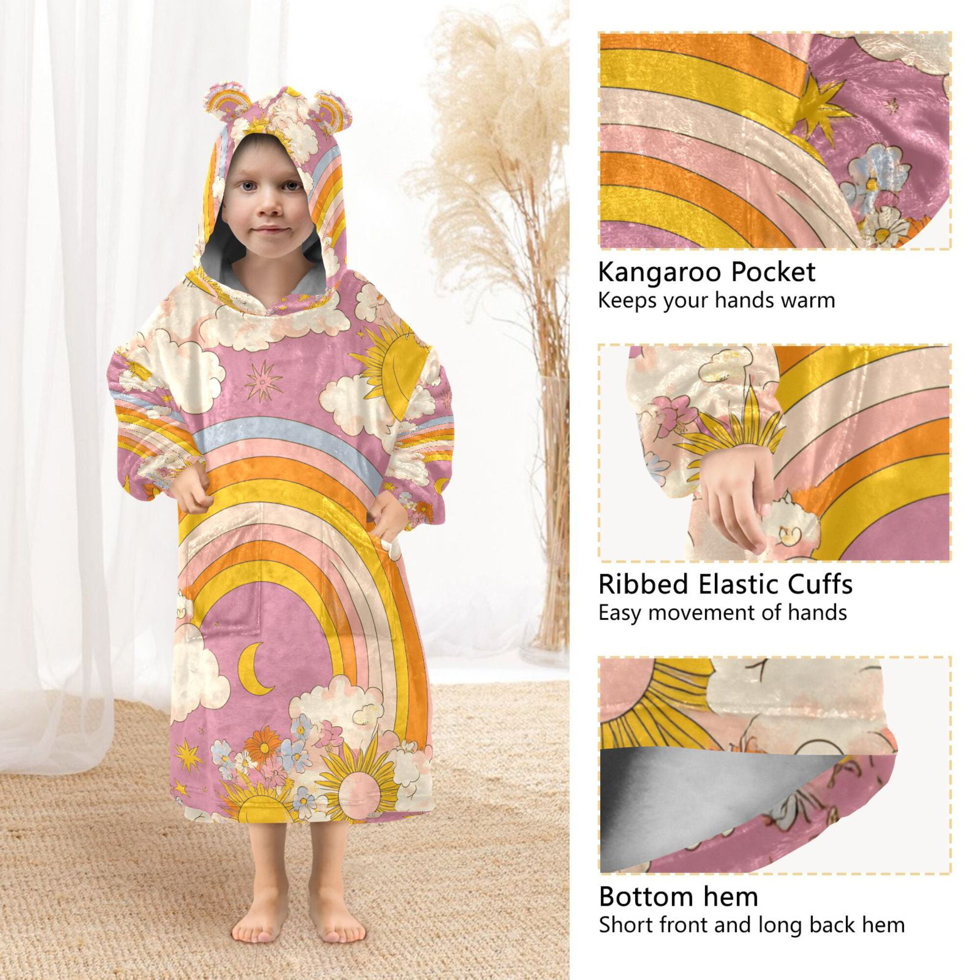 FORMRS Wearable Blanket Hoodie with Sleeves for Kids Cozy Flannel Sweatshirt, Purple Retro Rainbow