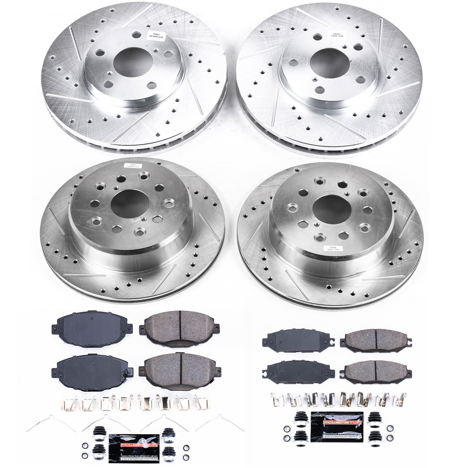 Power Stop Front and Rear Brake Kit with Drilled & Slotted Rotors and Ceramic Brake Pads K1074