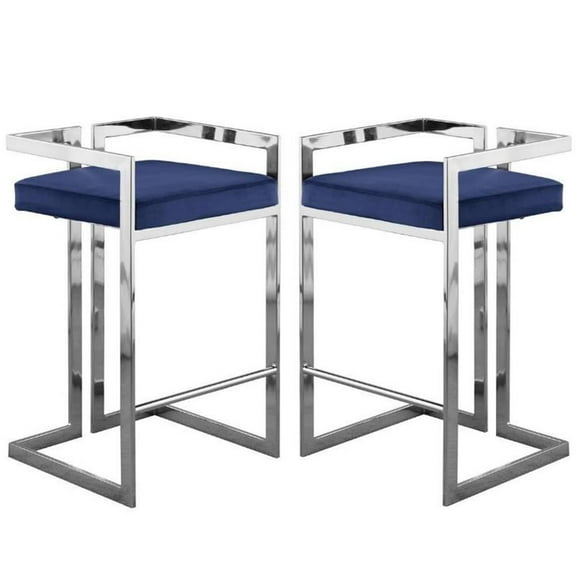 Home Square 2 Piece Velvet Counter Stool Set with Gray Metal Base in Navy