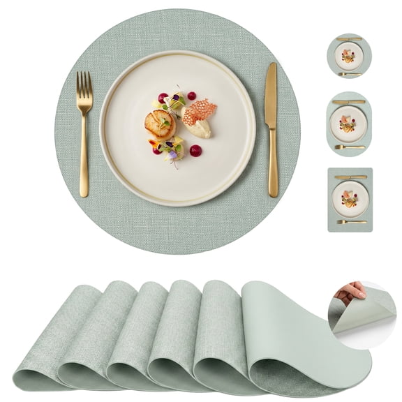 PROMATTOO Round Placemats Set of 6,Faux Leather Heat Resistant Non Slip Table Mats,Sage Green