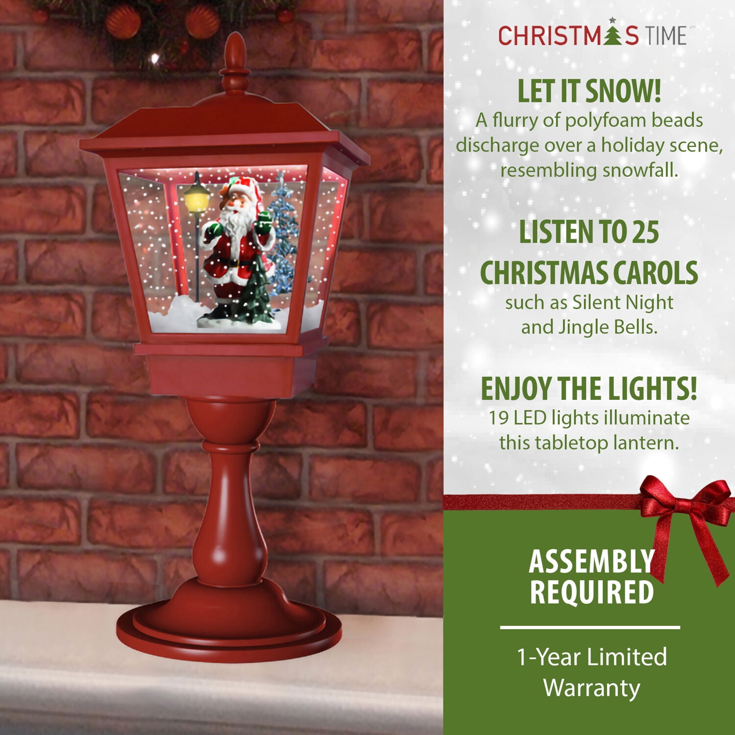 Christmas Time 25-In. Tabletop Musical Snowy Lantern | Santa Scene, Cascading Snow, and Christmas Carols | Red | CT-STL025SQA-RD