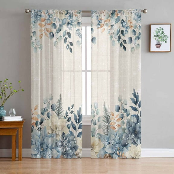 Christmas Eucalyptus Sheer Curtains 72 Inches Long, Blue Poinsettia Vintage Winter Snowy Light Filtering Window Curtains for Living Room, Rod Pocket Voile Sheer Curtain Drapes, 52"Wx72"L, 2 Panels
