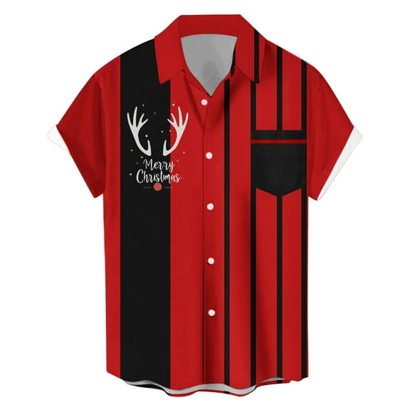 KeShDi Tshirts Shirts for Men Christmas Men's Casual Shirt Short Sleeve Vintage Bowling Shirt Cuba Beach Summer Shirts Button Up Shirt Red M
