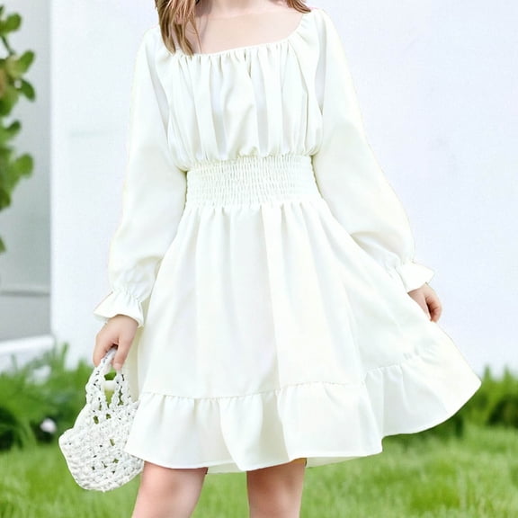 BRGZLK Kids Girl's Spring Summer Dresses Solid Color Square Neck Flared Long Sleeve Ruffle Hem Full Skirt Dress Elastic Waist A-Line Mini Dresses White 8-9 Years