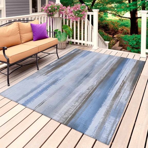 Blue Brown Ombre Outdoor Rug for Patio/Deck/Porch, Non-Slip Large Area Rug 4 x 6 Ft, Vintage Shabby Blue Abstract Art Indoor Outdoor Rugs Washable Area Rugs, Reversible Camping Rug Carpet Runner