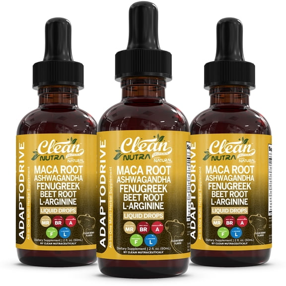 Maca Root Liquid Drops with Ashwagandha, Fenugreek, Beet Root and L-Arginine Liquid Multivitamin for Women and Men - Adapto Drive by Clean Nutra - 3Pack