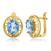 Gem Stone King 18K Yellow Gold Plated Silver Millennium Blue Mystic Quartz Greek Key Earrings for Women (6.00 Cttw, Gemstone Birthstone, Oval 10X8MM)