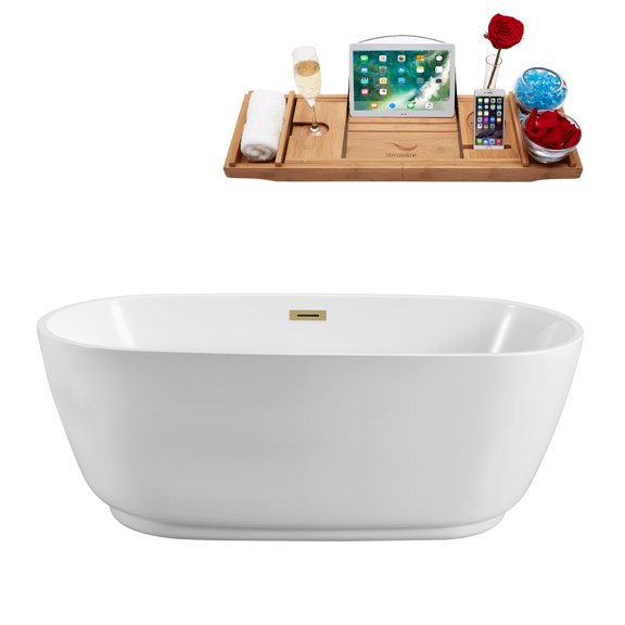 71" Streamline N562BBR Soaking Freestanding Tub and Tray With Internal Drain in Brushed Brass