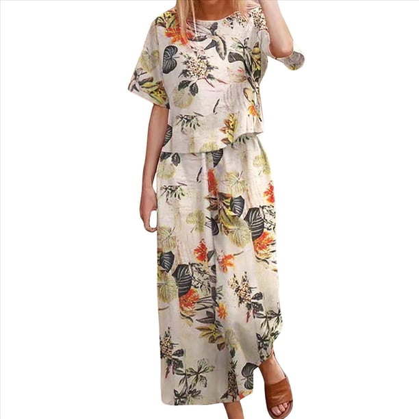 Conjunto de 2 Piezas de de Corta para Mujer, Cuello Redondo, Pantalones de Pierna , Talla Grande, para Verano Hojas Blancas 5XL