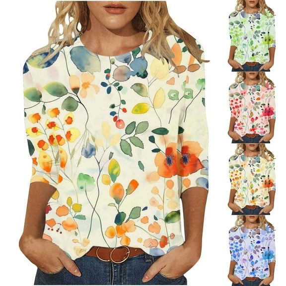 CYMMPU Fall Trendy Shirts 3/4 Sleeve Blouses for Women Dressy Casual Tunic Tops Round Neck Spring Tops Loose Fit Floral Printed Lightweight Basic Tees XXXXXL