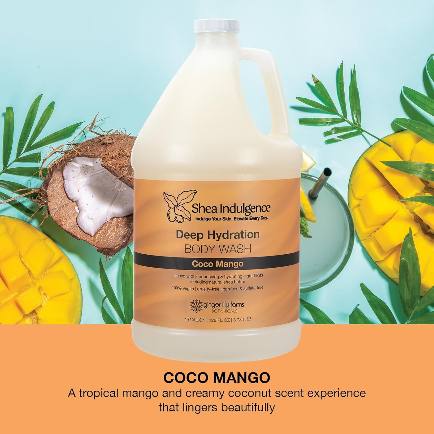 Ginger Lily Farms Botanicals Shea Indulgence Deep Hydration Body Wash, Coco Mango, 100% Vegan & Cruelty-Free, Coconut Mango Scent, 1 Gallon (128 fl oz) Refill
