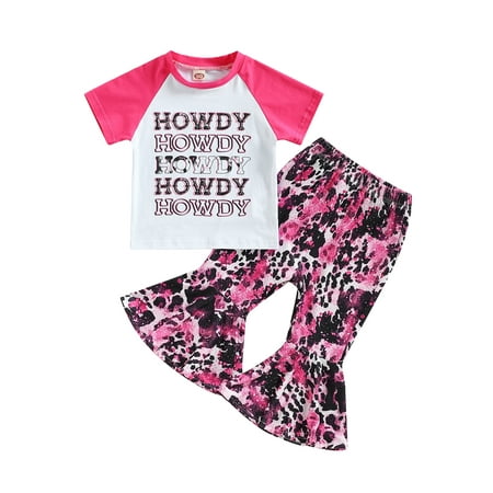 

IZhansean Toddler Baby Girl Western Clothes Short Sleeve Cow Print T-Shirts Tops High Waist Flared Pants 2Pcs Outfits Rose Red 1-2 Years