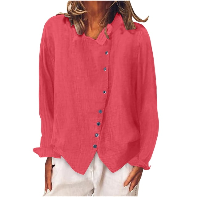 Timegard Womens Cotton Linen Tops Lapel Neck Button up Long Sleeve Slim Shirts Office Casual Tops Fall