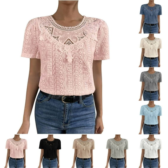 Aboser Womens Bohemian Spring T-Shirt Cute Lace Tunic Tops Soft Short Sleeve Tshirts Casual Round Neck Blouses Comfy Slim Fit Tees Shirts