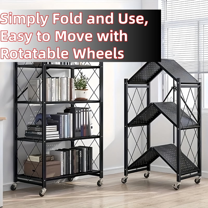 Howcool 5-Tier Heavy Duty Metal Rack Foldable Shelf Organizer, Kitchen Storage Cart with Lockable Wheel