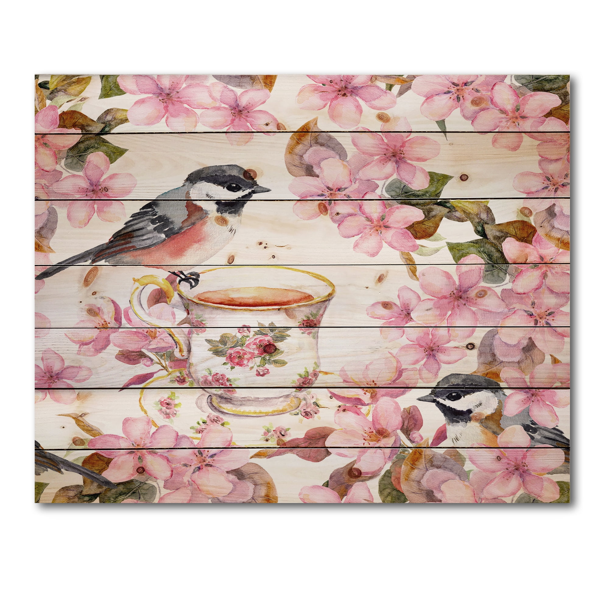 Designart 'Tea Cup Birds and Pink Flowers' Traditional Print on Natural Pine Wood