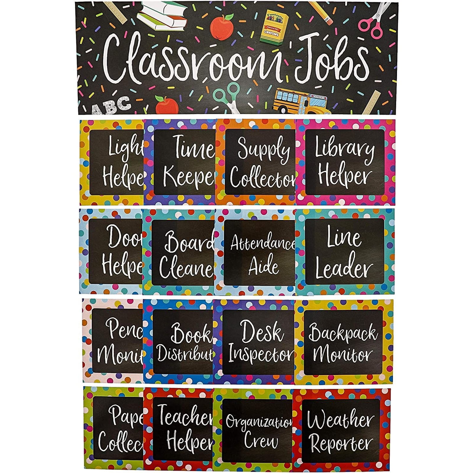 Juvale 17-Piece Chalkboard Design Classroom Jobs Chart Set for Bulletin Board and 50 Blank Name Tags 