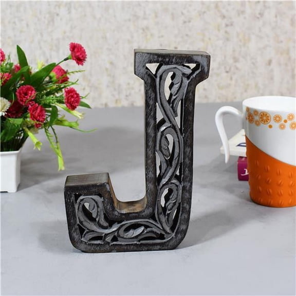 BBH Homes UBBBMH6284SCJHS J Alphabet Handmade Letter Block Eco-Friendly Wall Decor, Grey Antique