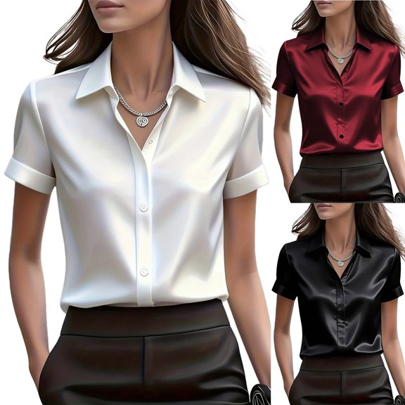 Liweisiy Women's Stain Silk Blouse Collared Short Sleeve Button Down Shirts Summer Dressy Bussiness Office Tops Wine 2XL
