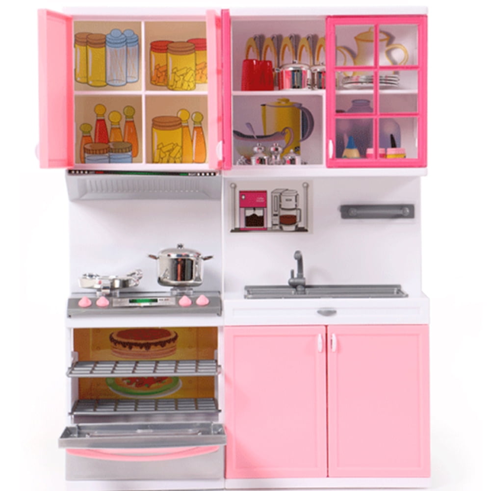 Trayknick Barbie Dream House Pretend Play Cooking Toy Mini Doll House furniture Led Music Stove Fridge Kids Gift Girl Doll Furniture Pink 1 Set