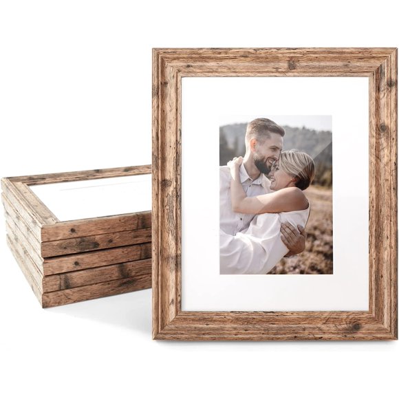 AmPm 8x10 Picture Frame Set of 6, Rustic Farmhouse Picture Frames, Display Pictures 5x7 with Mat or 8x10 Without Mat For Home & Office Collage for Wall Wall Decor,Brown Photo Frame for Gift,Walnut