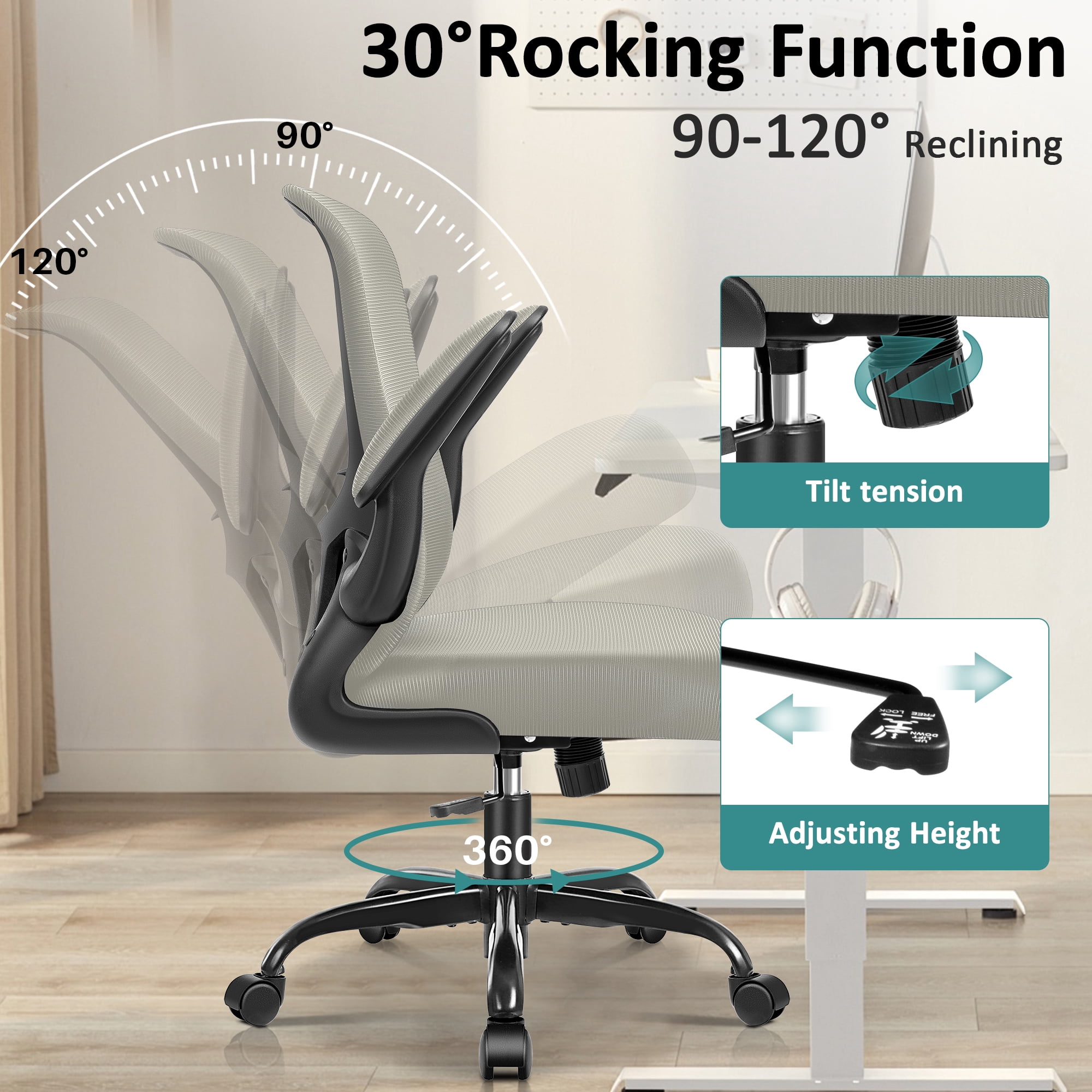 COOLHUT Office Chair, Ergonomic Desk Chair with Adjustable Lumbar Support, High Back Mesh Computer Chair with Flip-up Armrests-BIFMA Passed Task Chairs, Executive Chair for Home Office，Gray