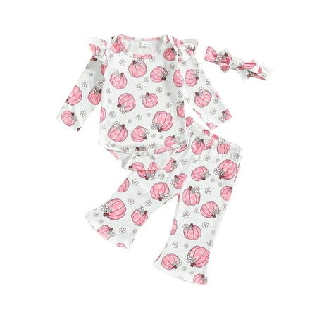 

Taoocy Toddler Baby Girl Halloween Outfit Pumpkin Print Long Sleeve Romper with Flare Pants Headband Set