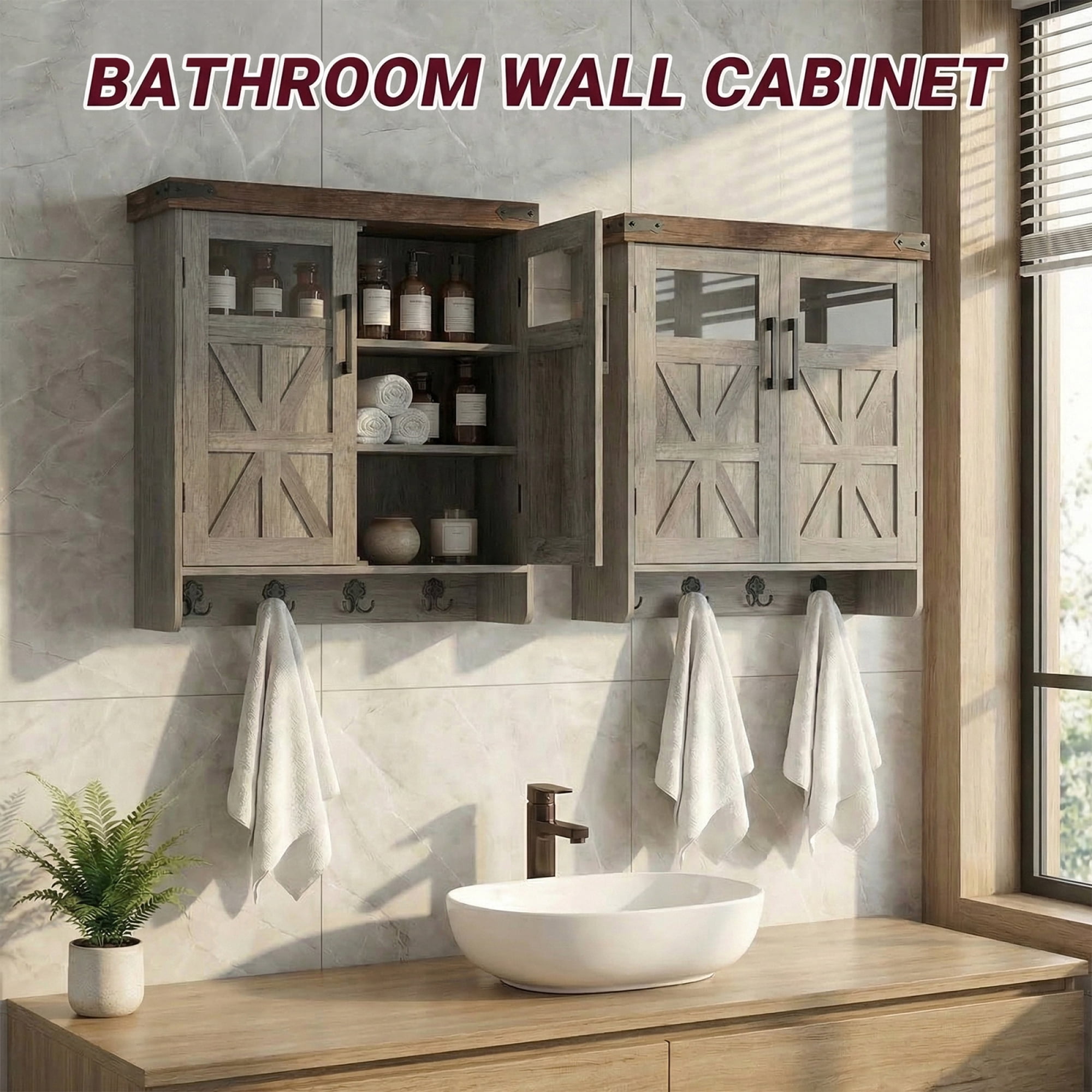 HOQBN Wall Storage Cabinet, Farmhouse Cabinet with Adjustable Shelves & Hook, Bathroom Storage for Small Bathrooms, Kitchen, Laundry Brown Grey