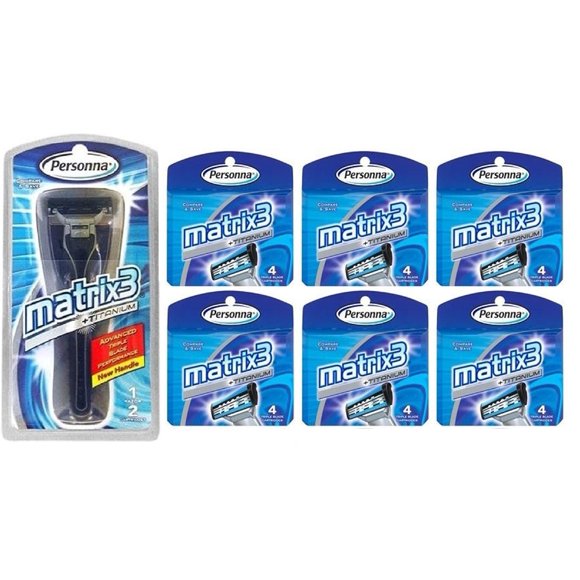 Personna Matrix3 Advanced Triple Blade Razor Handle + Matrix3 Titanium Triple Blade Refill Cartridge Blades, 4 Ct. (Pack of 6)