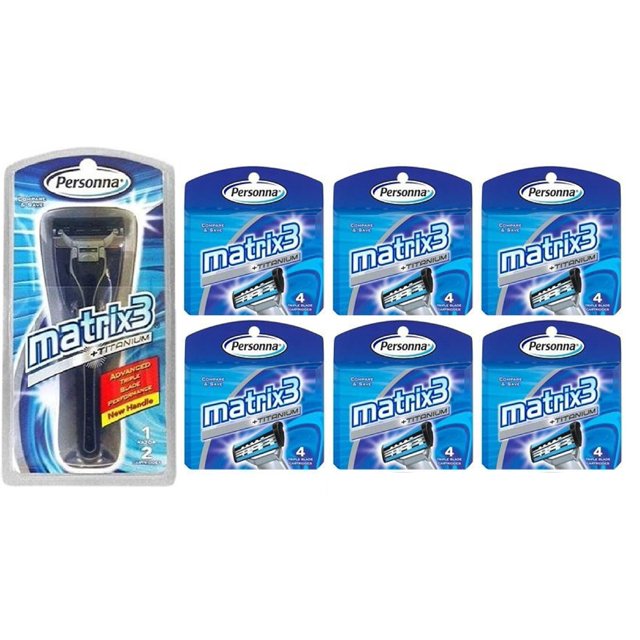 Personna Matrix3 Advanced Triple Blade Razor Handle + Matrix3 Titanium Triple Blade Refill Cartridge Blades, 4 Ct. (Pack of 6)