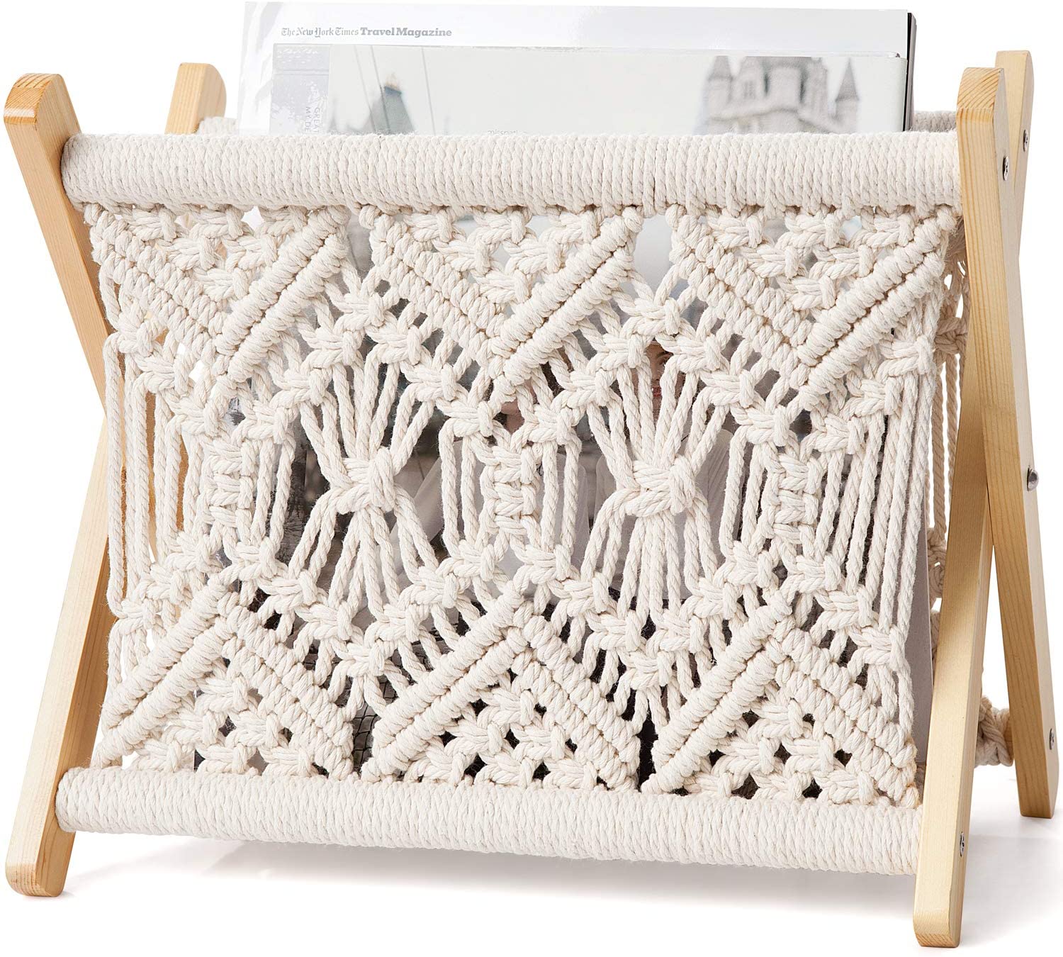 FFIY Macrame Magazine Rack Boho Magazine Holder Storage Standing Basket for Books, Newspapers, Swaddle Blanket, Living Room, Bathroom, Office, Nursery, Home Decor, Small Size, 11.22’’L x 7.5’’W