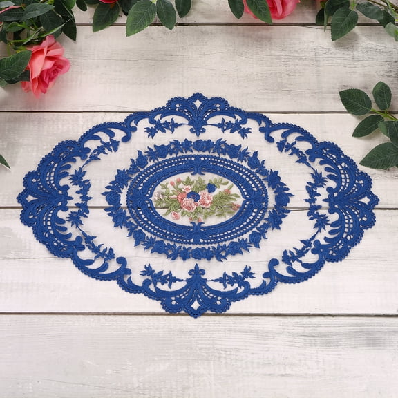 3 Pcs Lace Placemats, 16.5x6.5Inches Vintage Table Doilies Oval Embroidered Crochet Lace Dolly Cup Mat for Table Vase Home Decor, Sapphire blue