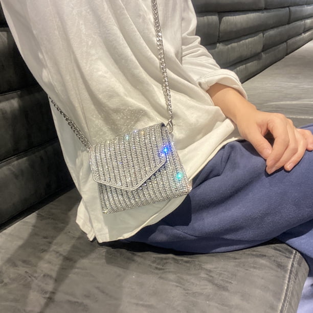 Bolso de noche con diamantes de imitación, tipo sobre, cruzados con cadena pequeña para mujer