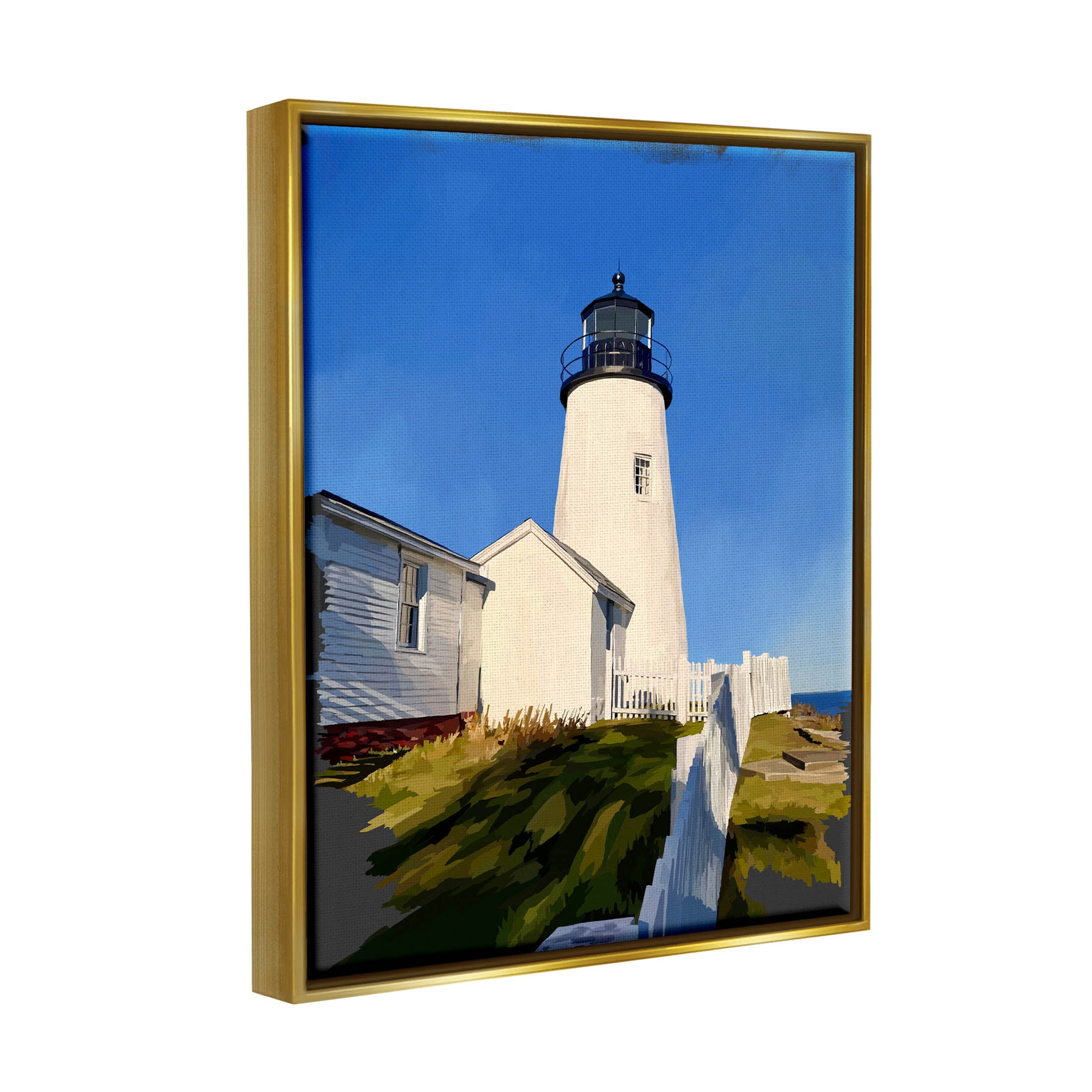 Lighthouse Ocean Beach View Coastal Graphic Art Metallic Gold Framed Art Print Wall Art