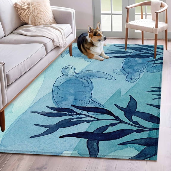 Blue Coastal Area Rugs 4'x6', Washable Small Throw Rugs for Office Bathroom, Beach Sea Turtle Ocean Nautical Botanical Indoor Outdoor Rug Non-Slip Low Pile Carpet Runner Reversible Floor Mats