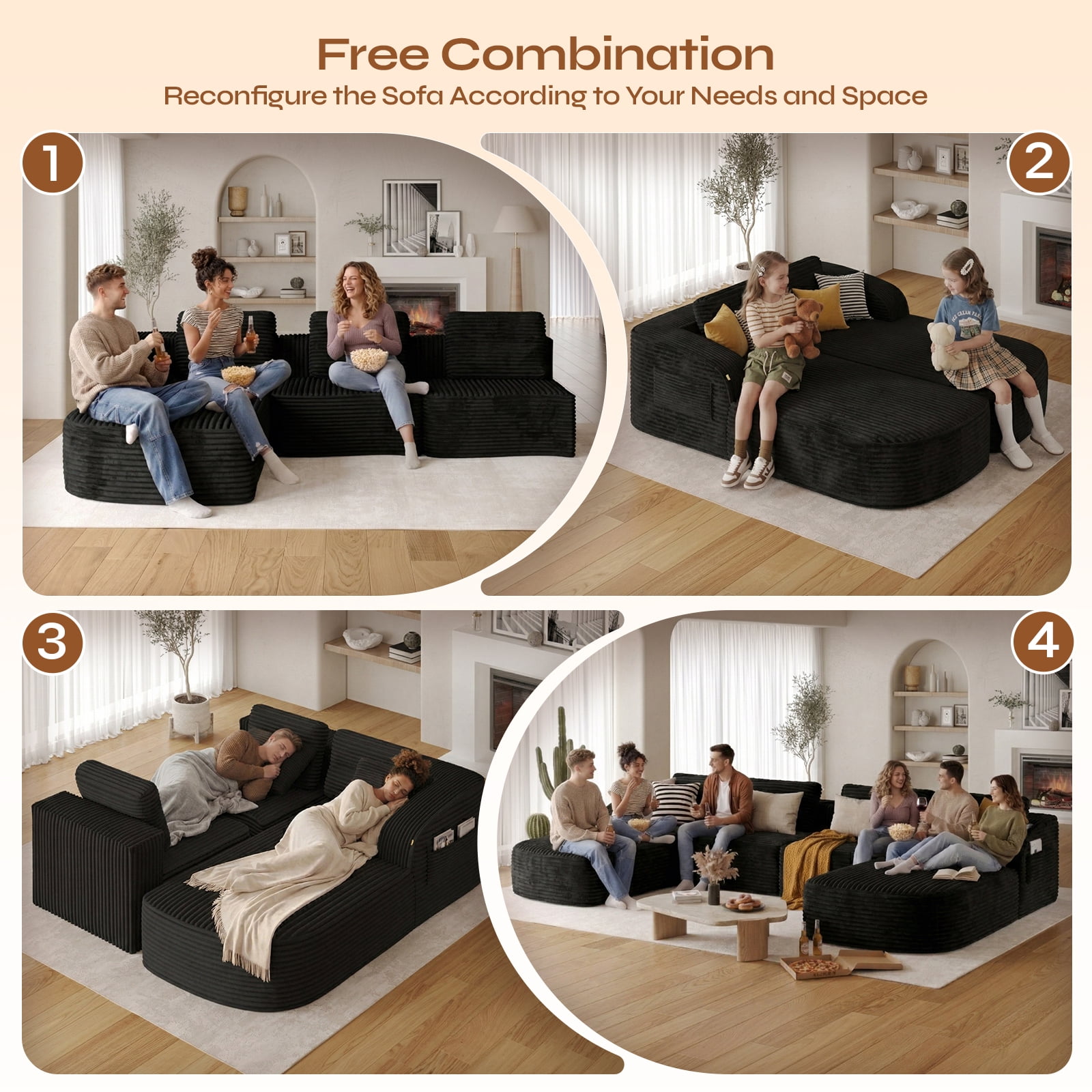 Pinmoco Cloud Sectional Couch for Living Room,Modern Modular Couch with Deep Seat and Side Pockets, Upholstered Couches Boneless Sofa, No Assembly Required, Black
